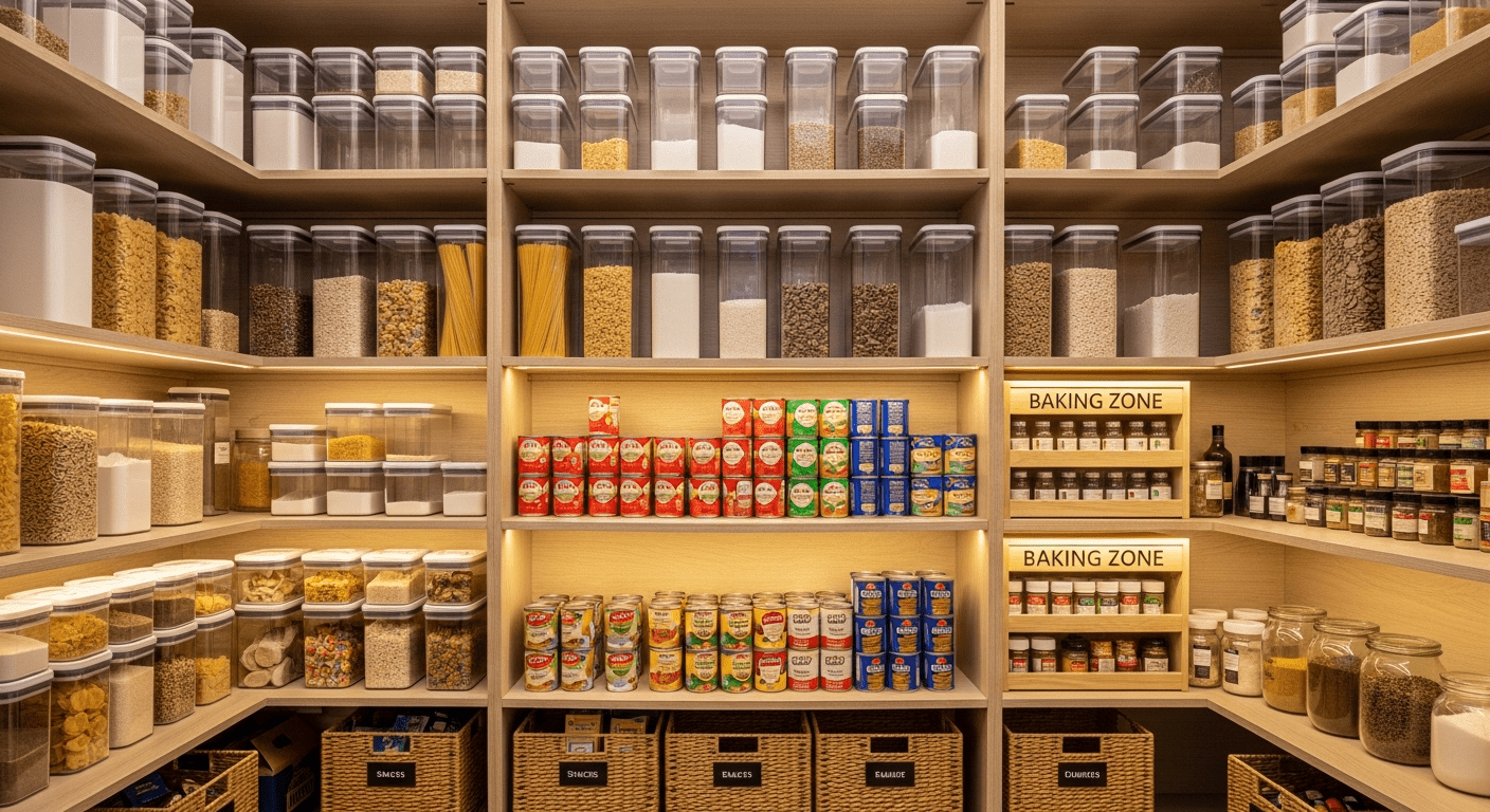 A perfectly organized and serene modern pantry.