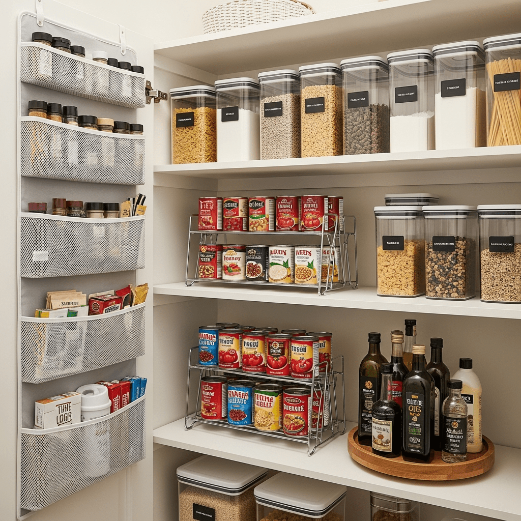 A collection of pantry organization products like containers and risers.