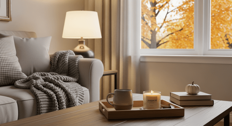 A cozy autumn living room setup with soft lighting, textured throws, and seasonal decor.