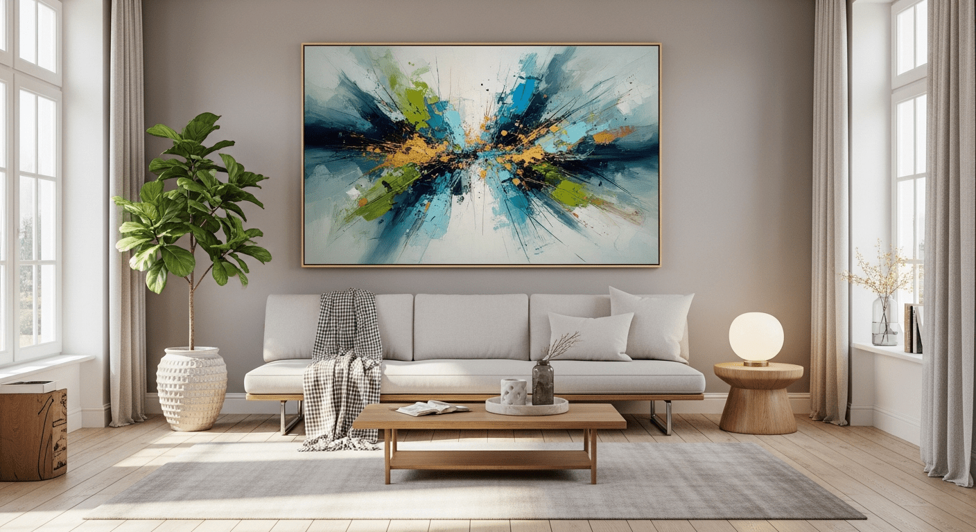 Modern living room with a large abstract painting as a focal point.