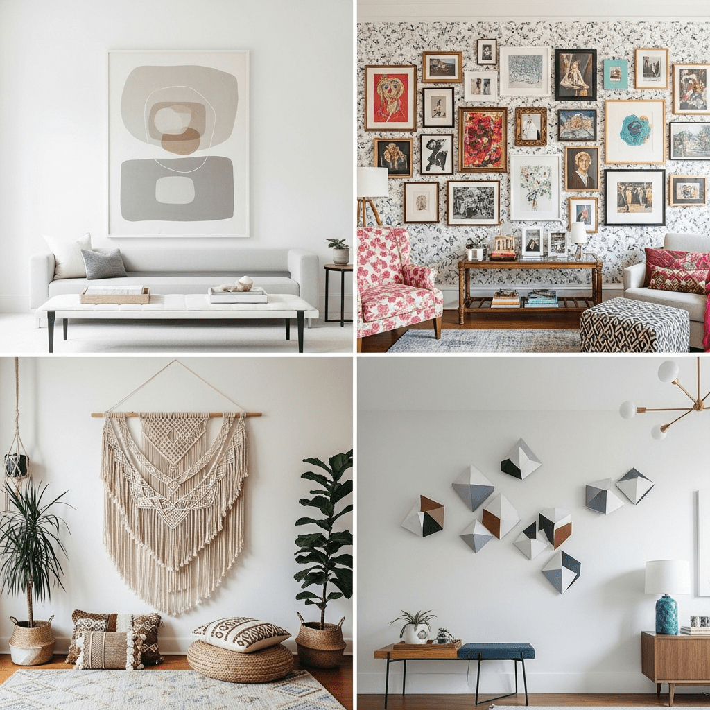 Four different interior design styles: minimalist, maximalist, bohemian, and modern.