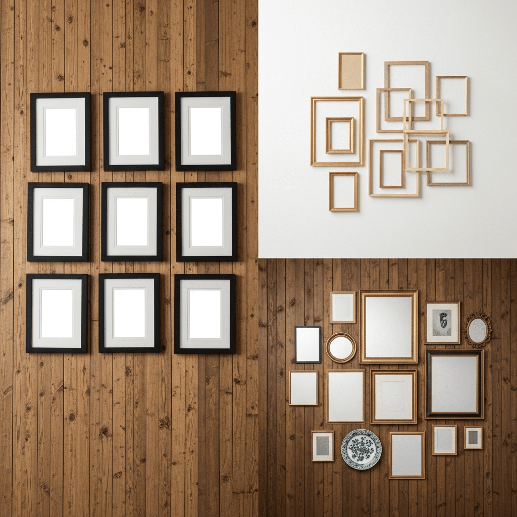 Three types of gallery wall layouts: grid, organic cluster, and salon-style.