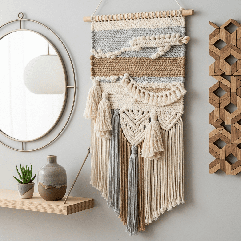 A collection of unique wall decor including textiles, a mirror, a shelf, and sculpture.