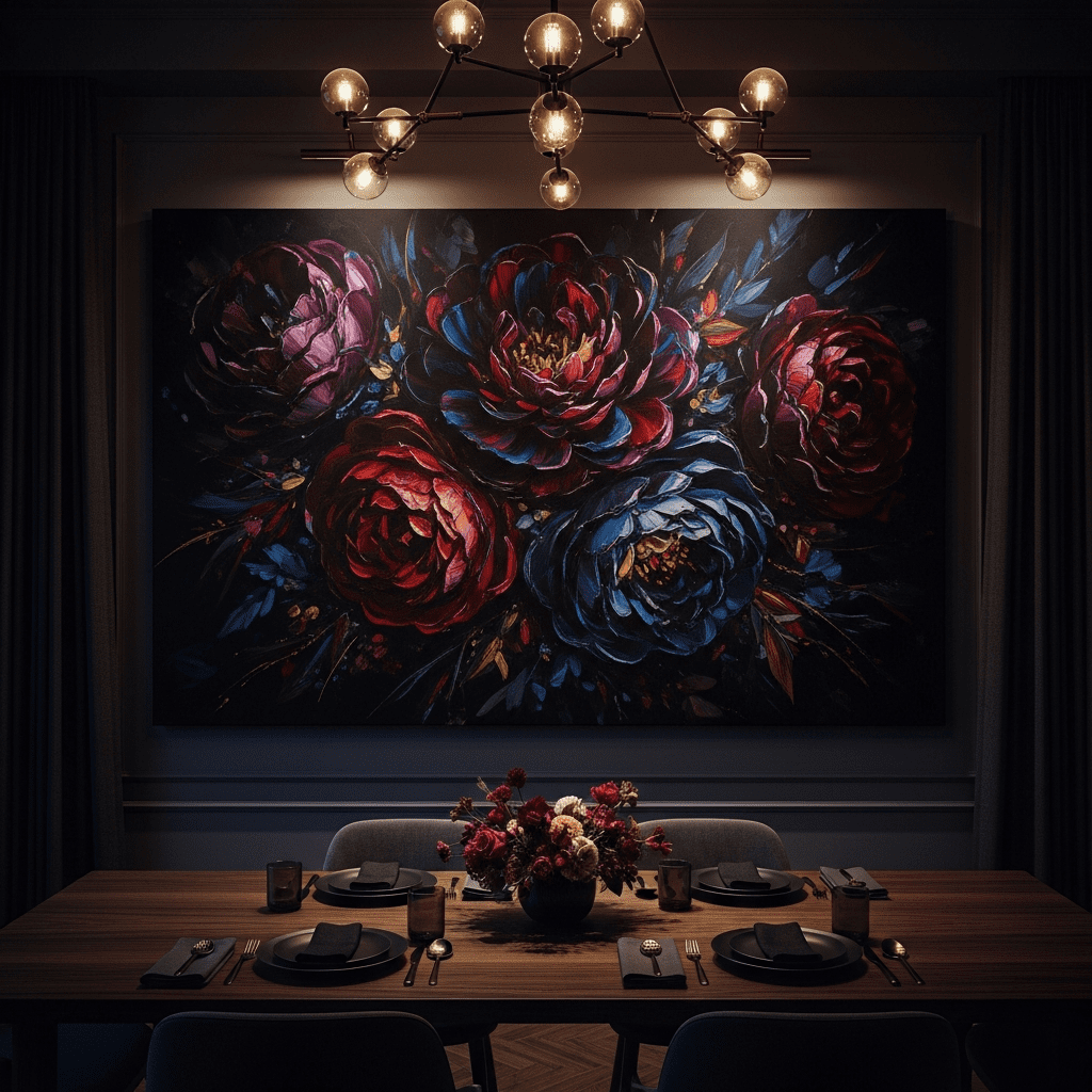 A large-scale floral canvas painting on a dining room wall.
