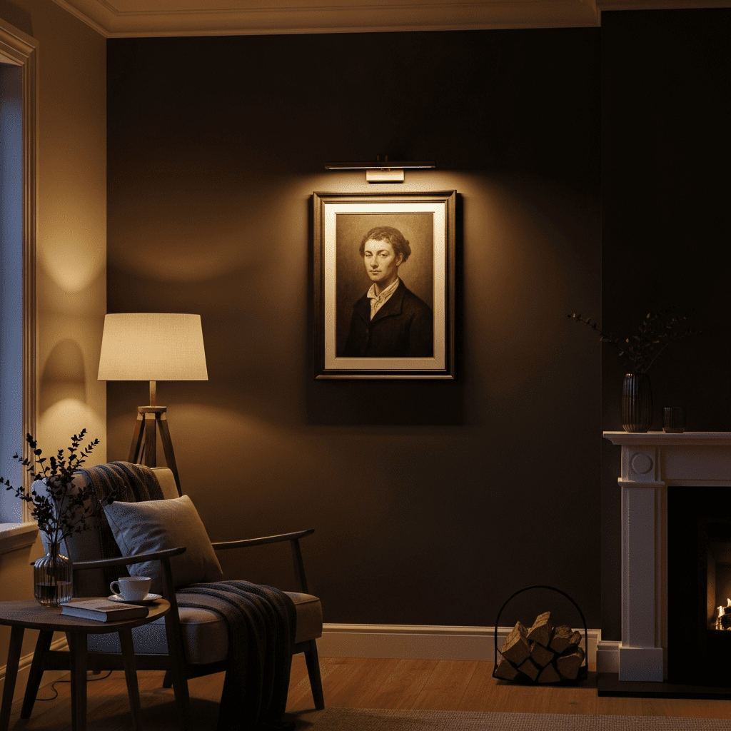 A wall painting beautifully lit by a dedicated picture light.