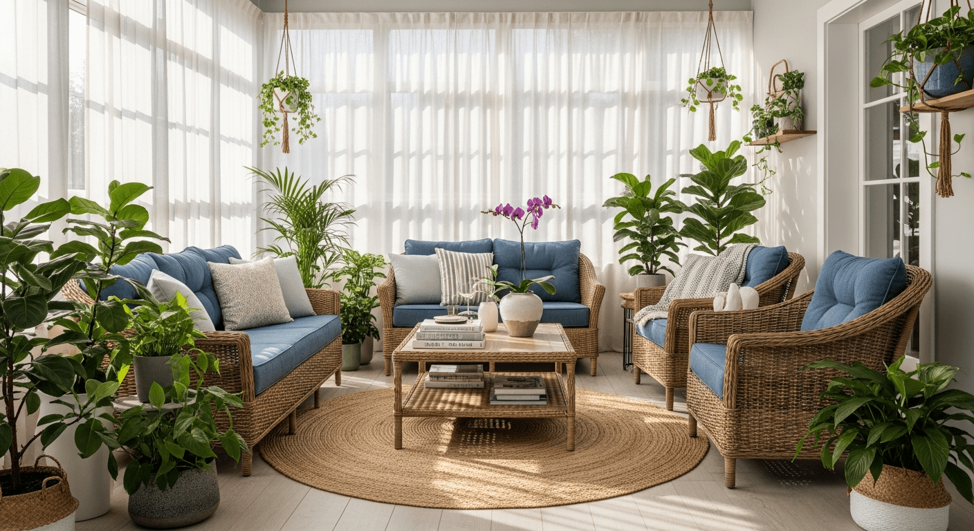 A bright and inviting modern sunroom with comfortable furniture and lush plants.