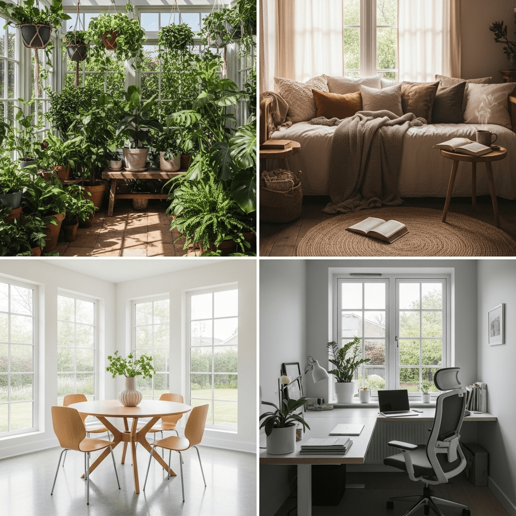 Four different sunroom style concepts: jungle nook, lounge, social space, and office.