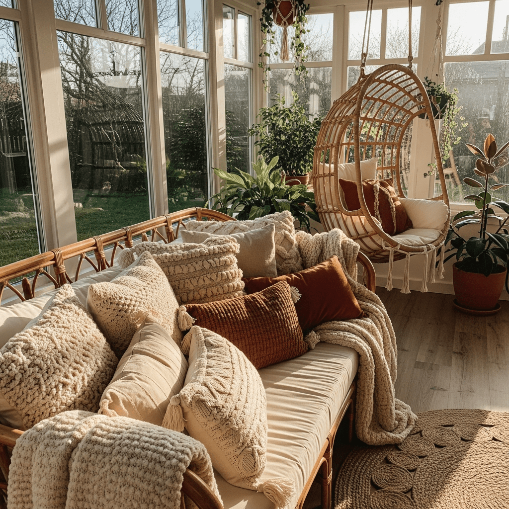 A cozy sunroom corner with a rattan sofa, throw pillows, and a hanging chair.