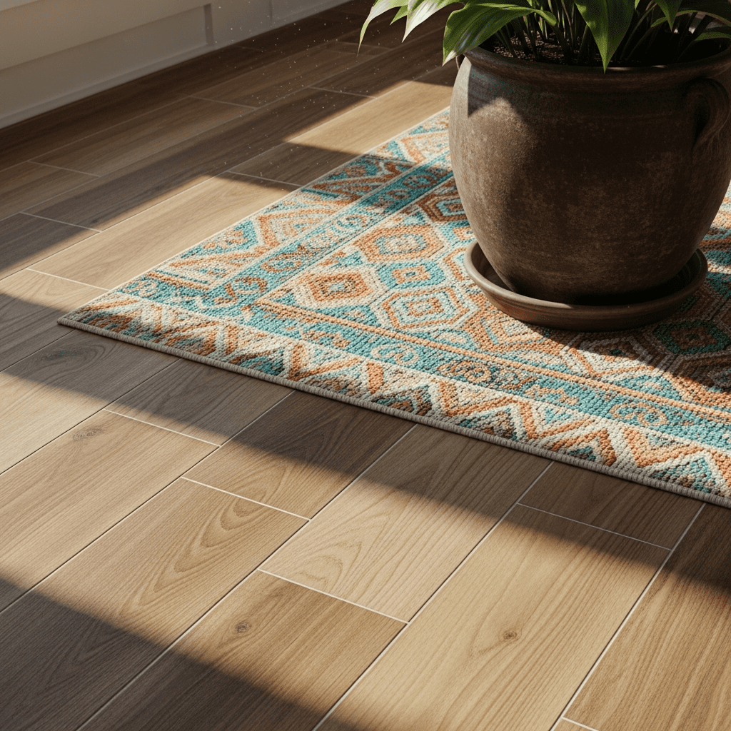 Close-up of wood-look tile and an indoor-outdoor rug in a sunroom.