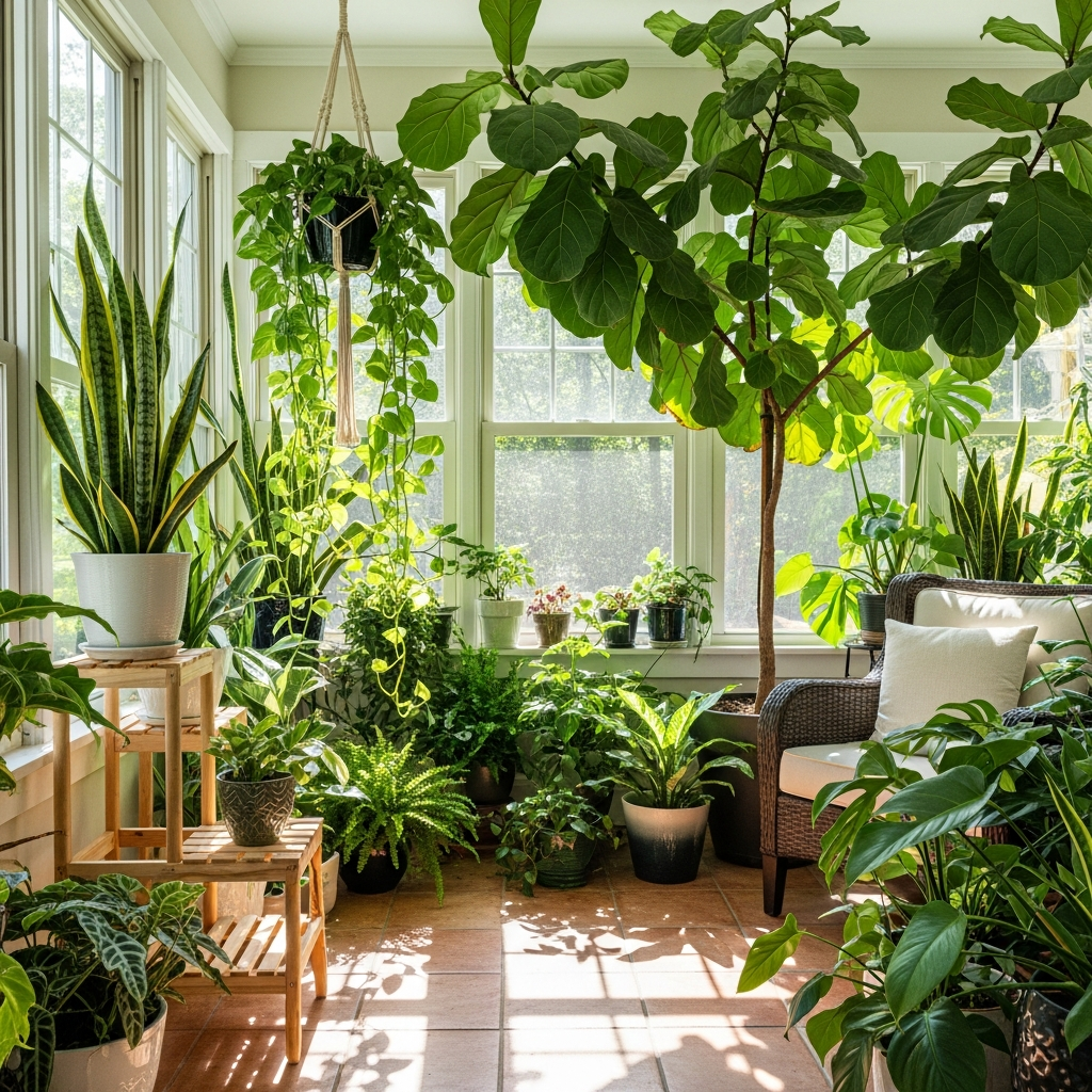 A vibrant indoor jungle in a sunny sunroom with various houseplants.