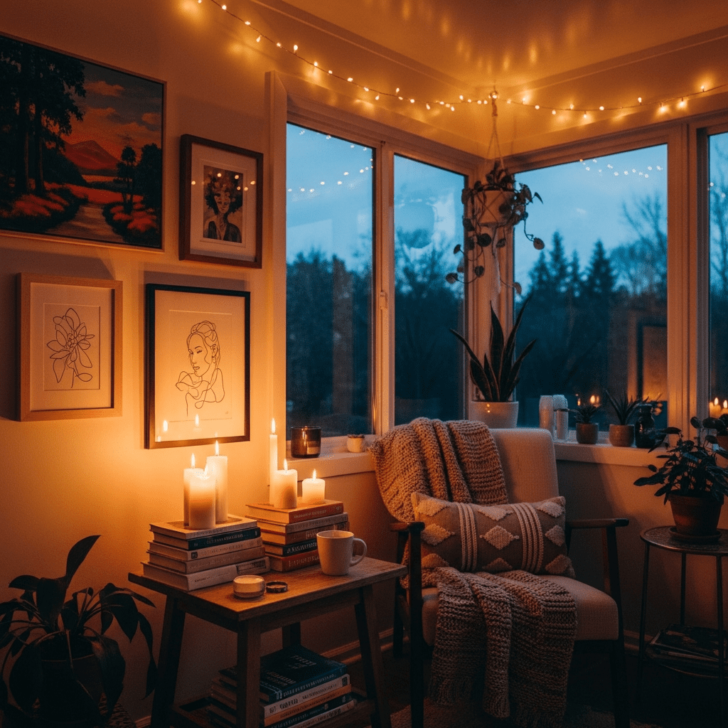 A cozy, personalized sunroom at night with string lights and decor.
