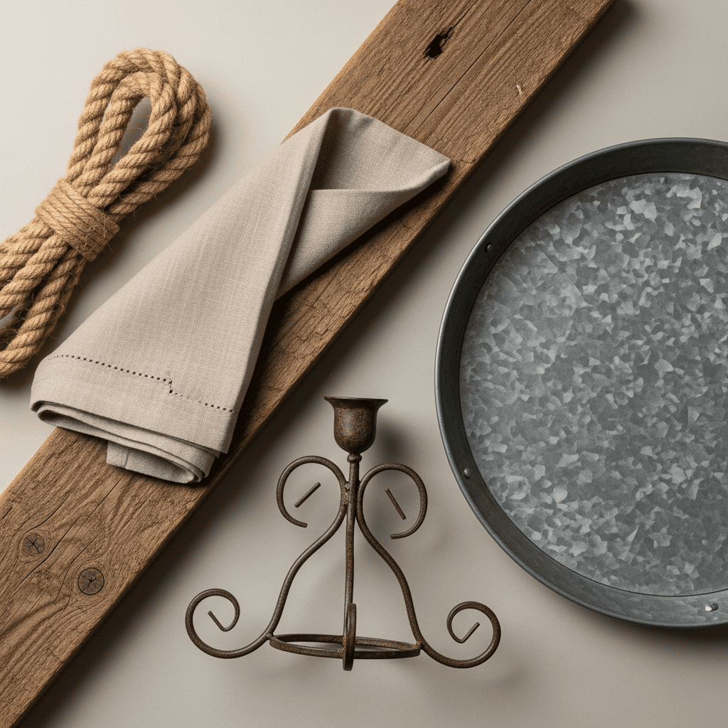 A collection of natural material samples showcasing farmhouse texture.