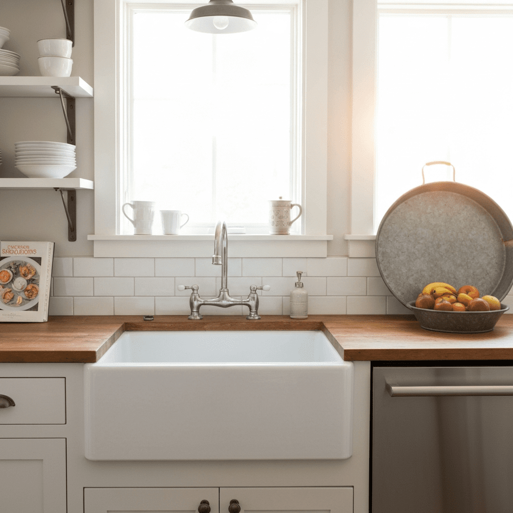 A bright and functional modern farmhouse kitchen with a classic farmhouse sink.