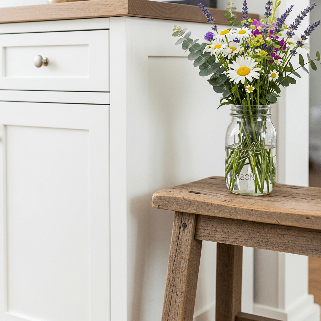 A blend of modern clean lines and rustic vintage charm in a farmhouse decor vignette.