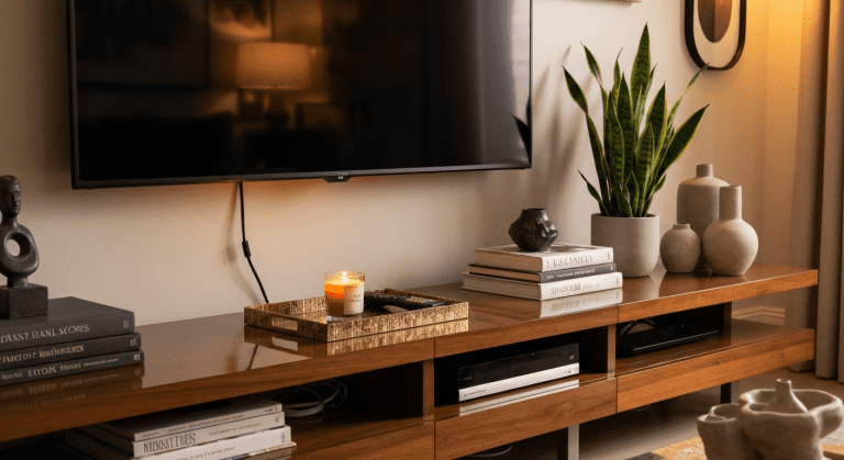 A perfectly styled modern TV stand with decor, plants, and hidden cables.