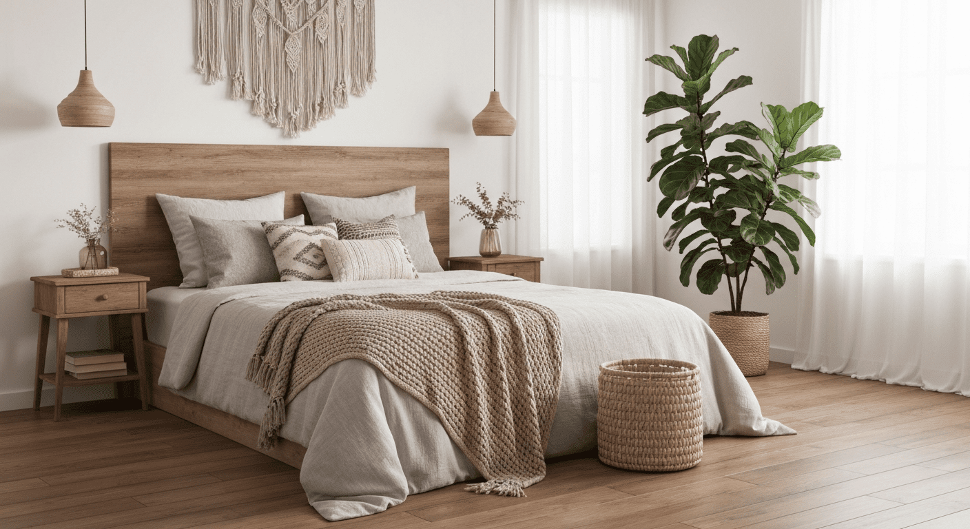 A cozy and inviting boho-style bedroom with layered textiles and lush greenery.