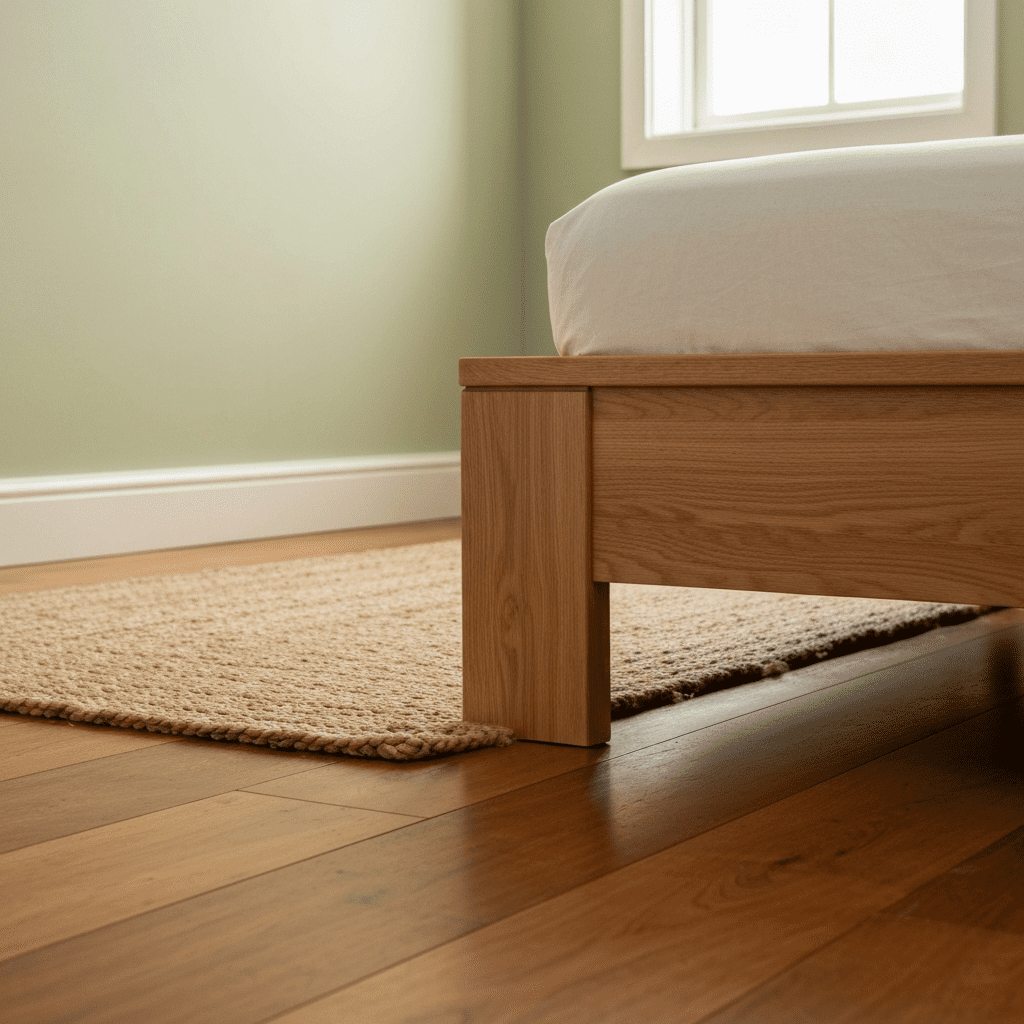 A simple wooden bed frame and jute rug on a hardwood floor for a neutral boho base.
