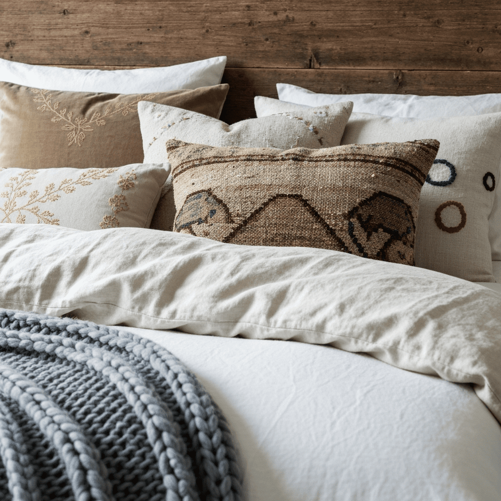 A boho bed layered with a linen duvet, knit throw, and mixed pattern pillows.