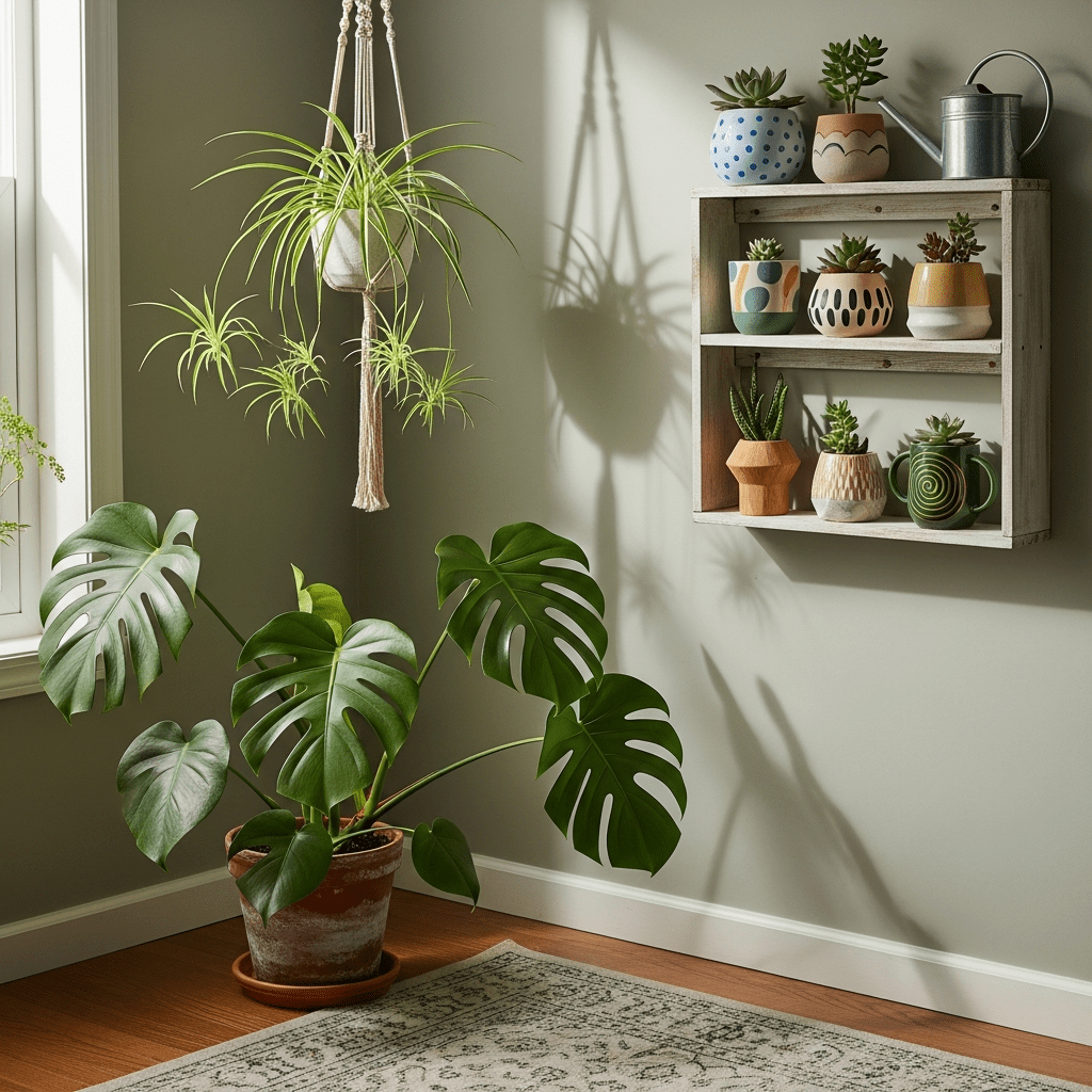 A collection of indoor plants in various planters creating a boho jungalow vibe.