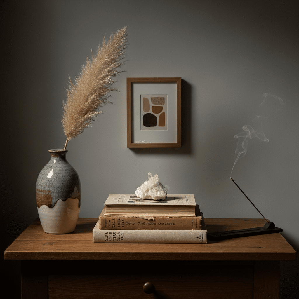 A curated collection of personal treasures on a boho bedroom nightstand.