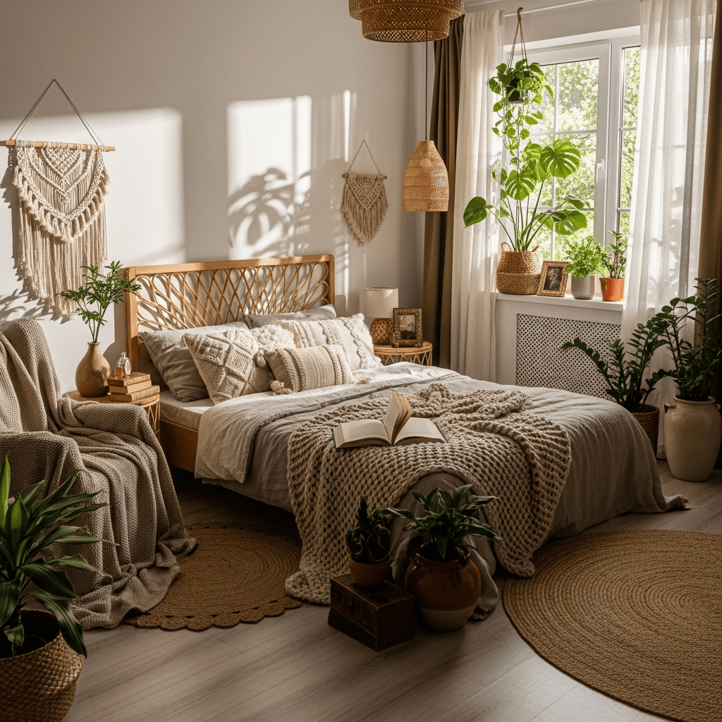 A perfectly imperfect boho bedroom scene with warm, cozy lighting.