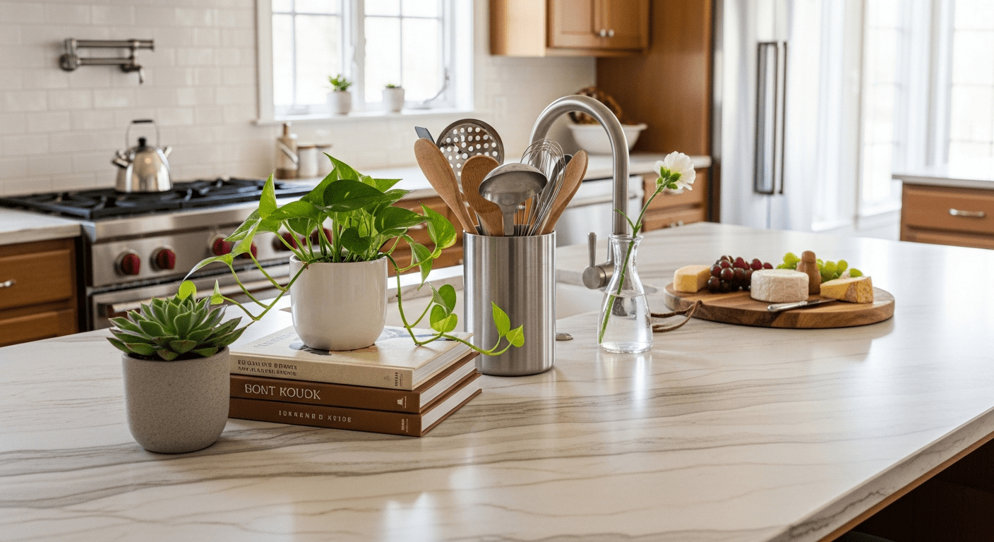 A stunning kitchen island adorned with decor elements for a cozy home ambiance