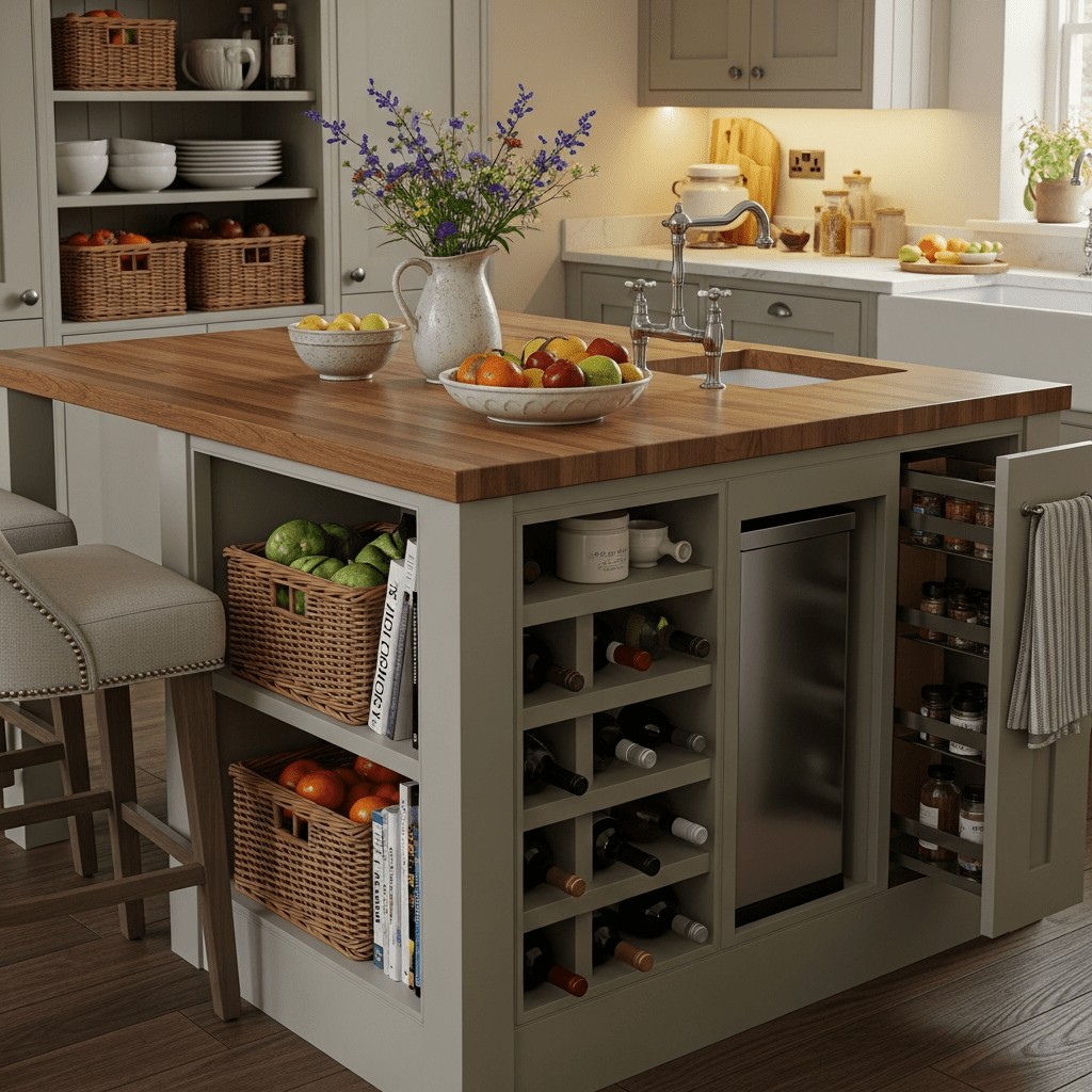 Illuminated kitchen island featuring attractive pendant lighting