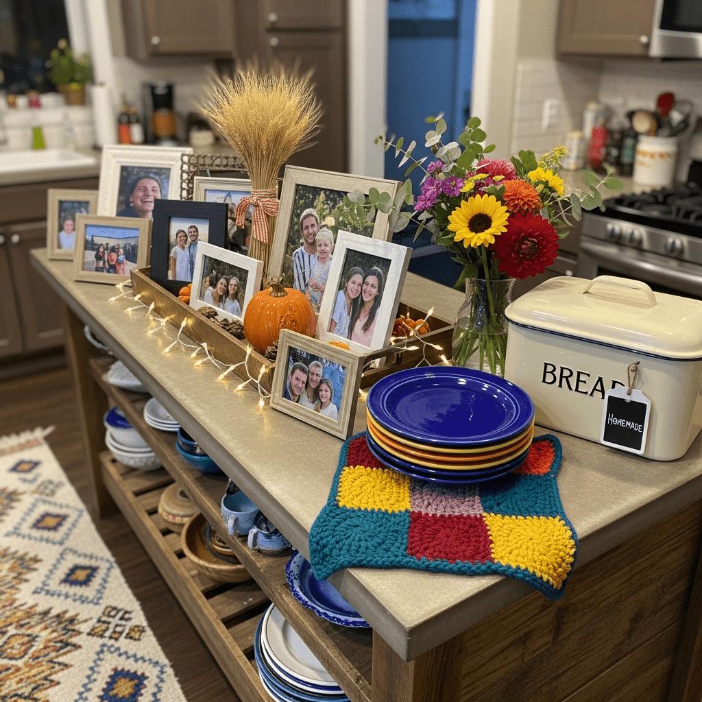 A warm kitchen island displaying family photos and seasonal decorations