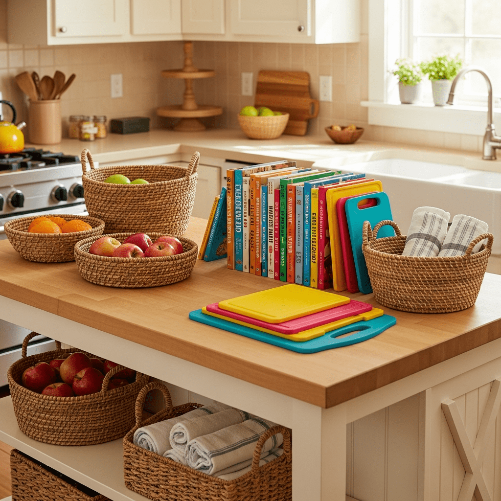 A cozy kitchen island with innovative storage solutions and decorative accents