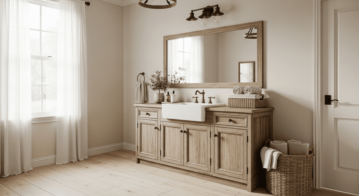 Serene modern farmhouse bathroom with apron sink and rustic vanity