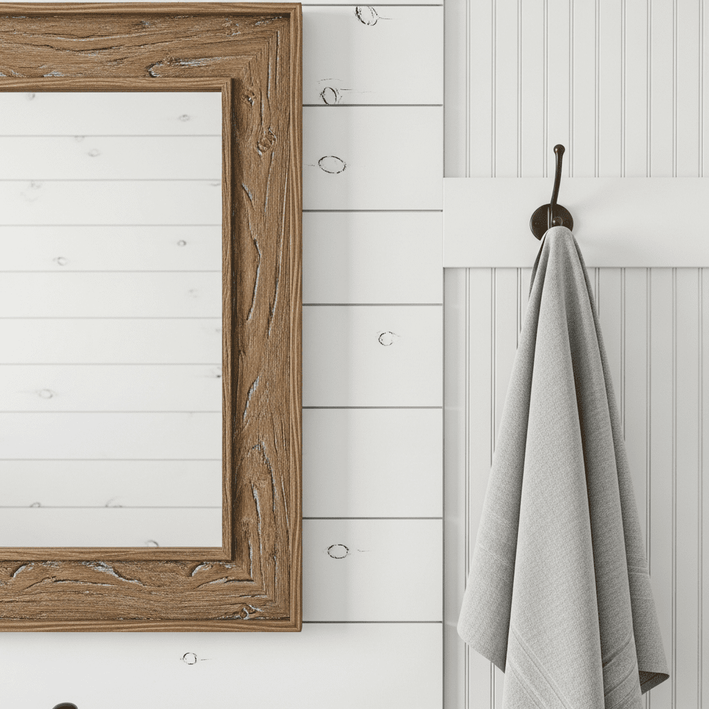 Texture of shiplap and beadboard in a rustic bathroom