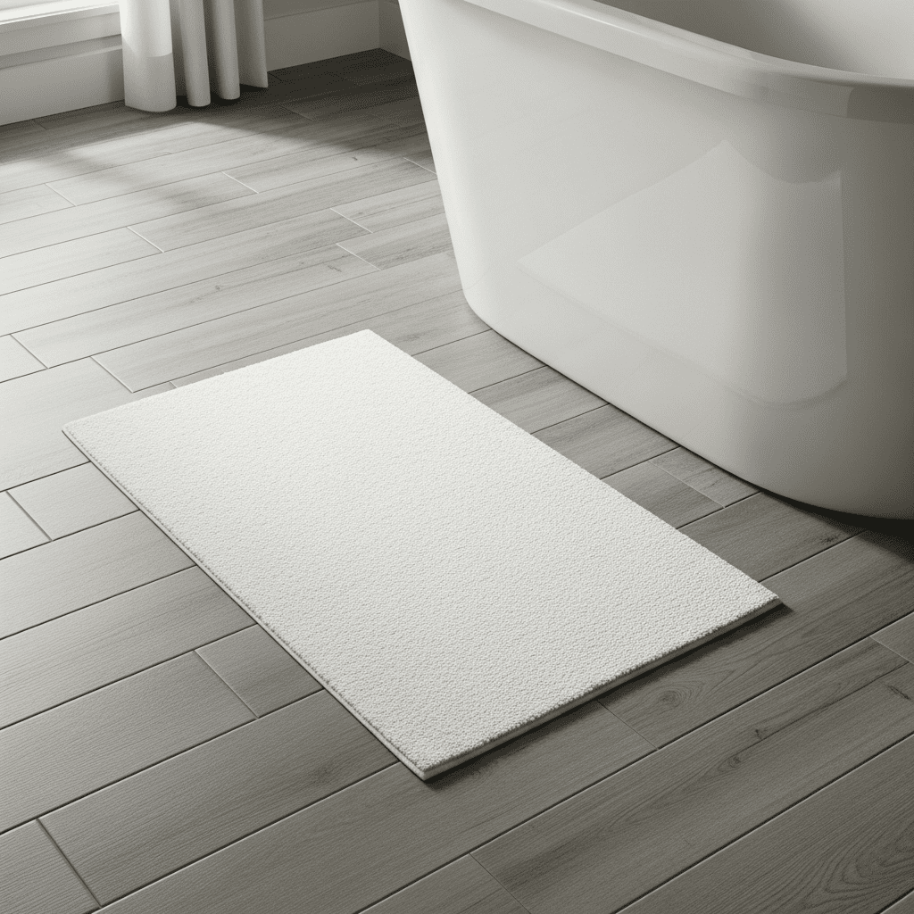 Wide plank wood-look tile flooring in a modern farmhouse bathroom