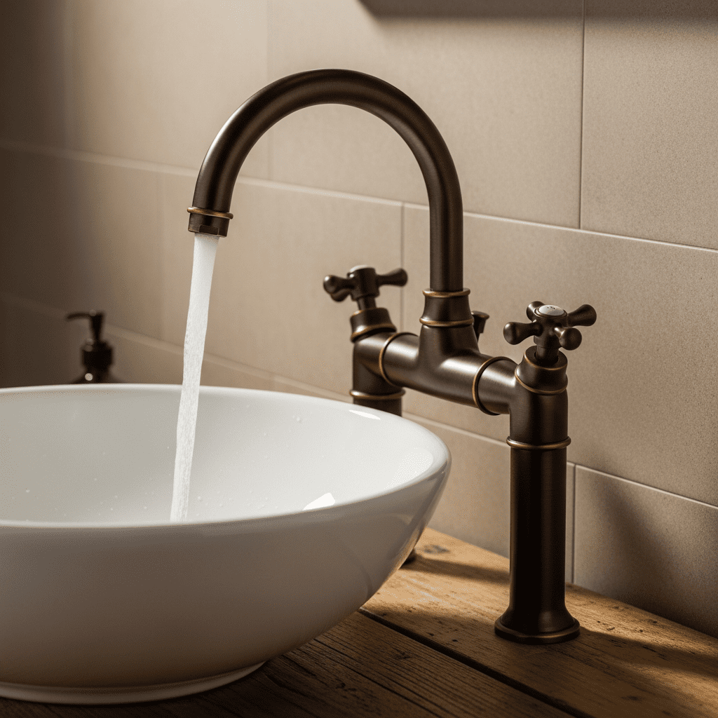 Close up of an oil-rubbed bronze gooseneck faucet with cross handles