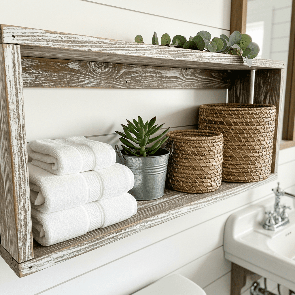 Farmhouse bathroom shelf with baskets, towels, and natural decor