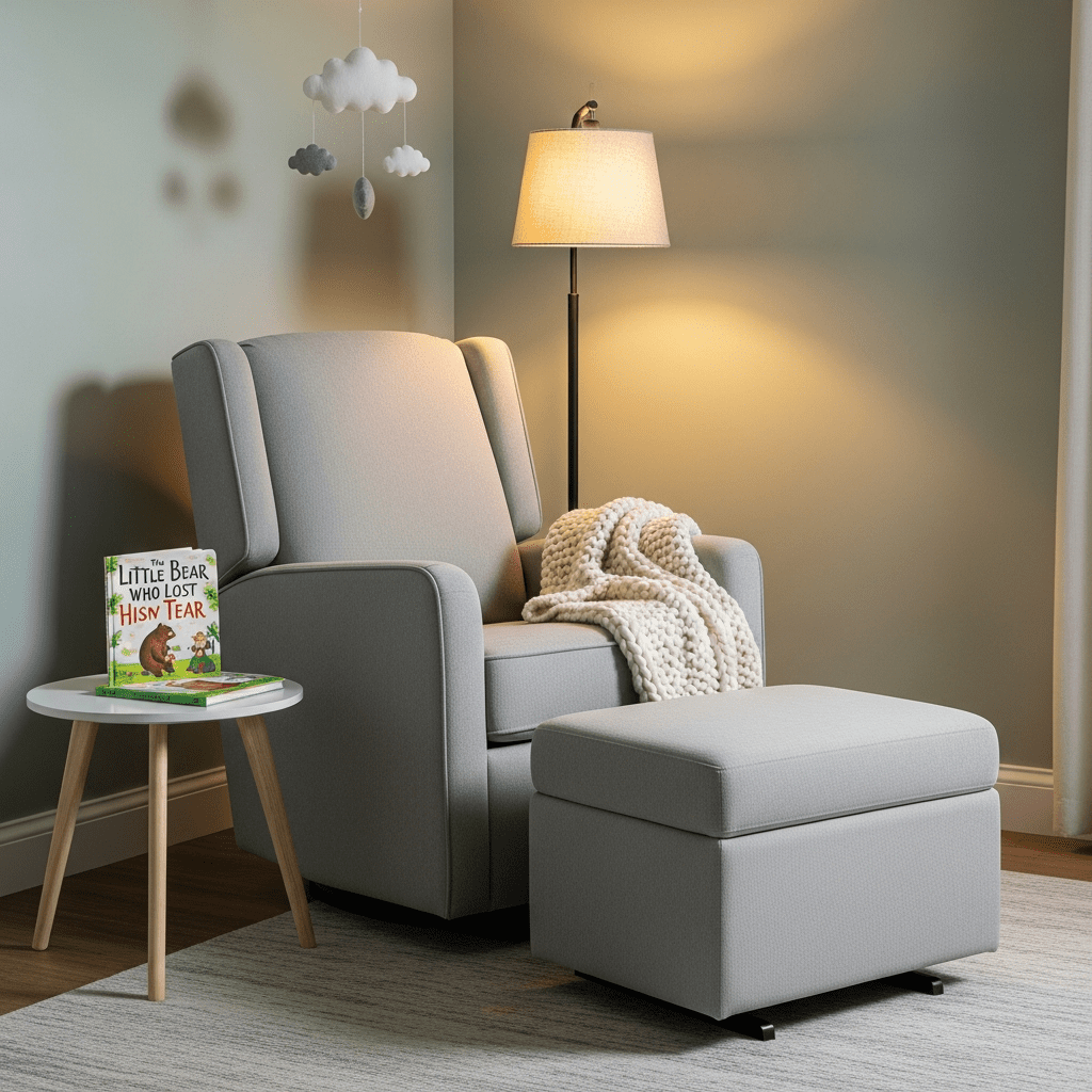 An ultra-comfortable grey glider chair with an ottoman and a soft blanket in a cozy nursery nook.