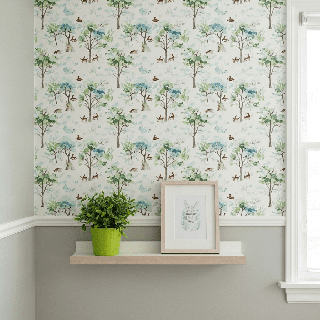 A nursery accent wall with beautiful forest-themed peel-and-stick wallpaper and a floating shelf.