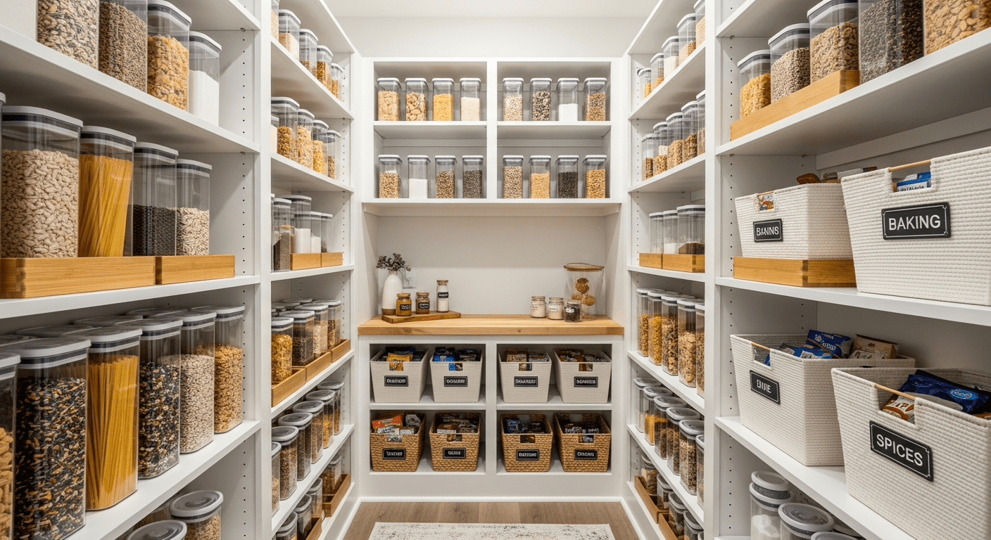A perfectly organized small pantry with clear containers and shelf risers, showcasing a calm and functional food storage space.