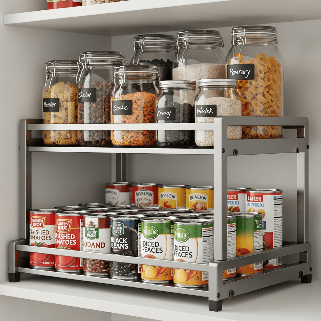 A metal shelf riser creating two levels for food storage on a pantry shelf, maximizing vertical space.