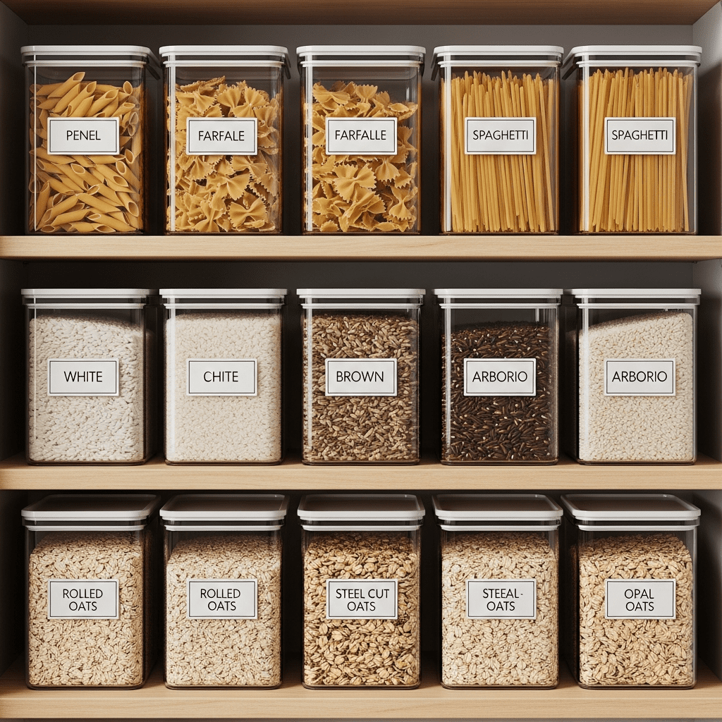 A row of clear, uniform containers with labels holding dry goods like pasta and rice on a pantry shelf.