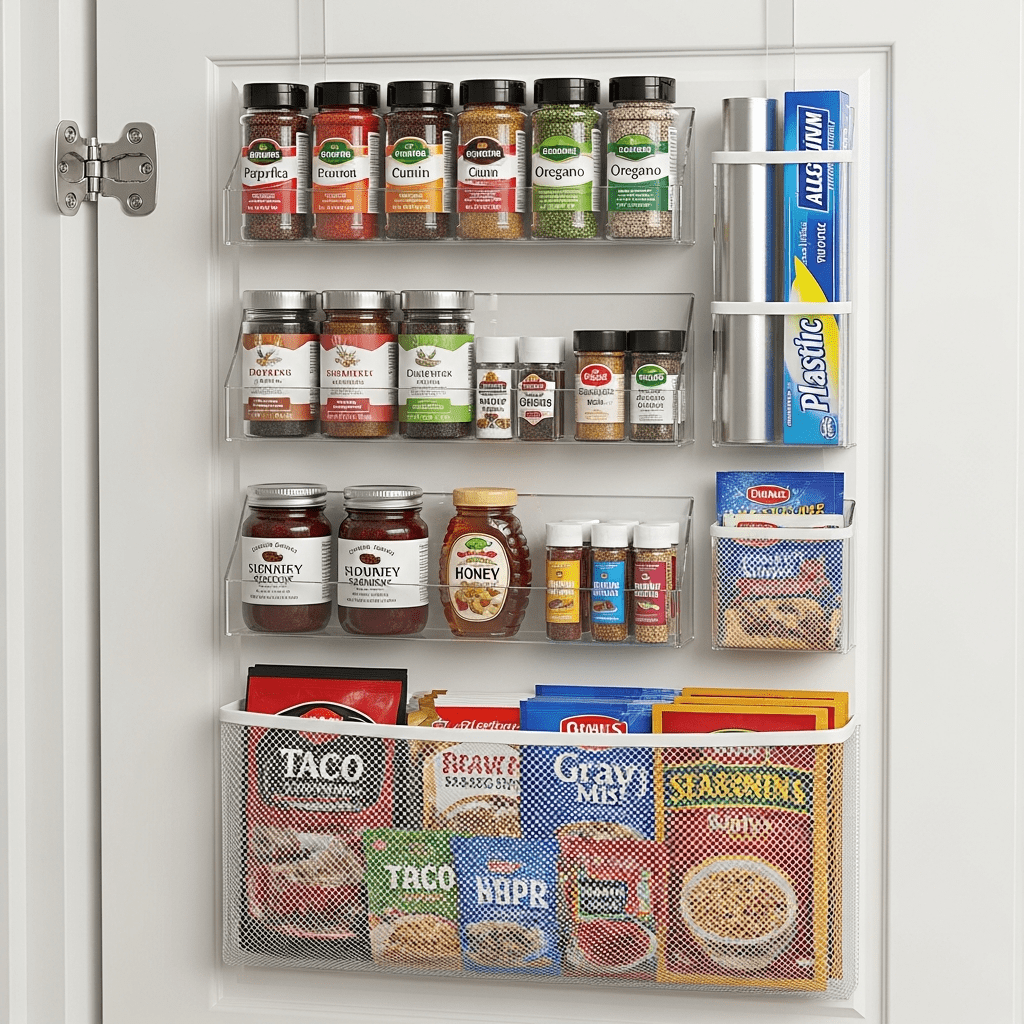An over-the-door organizer on a pantry door holding spices and small jars, utilizing unused space.