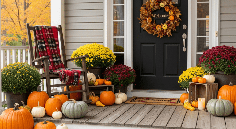 An inviting autumn front porch decorated with pumpkins, mums, and cozy textiles.