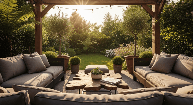 An inviting outdoor patio with comfortable seating and string lights at dusk, showcasing the perfect backyard retreat.