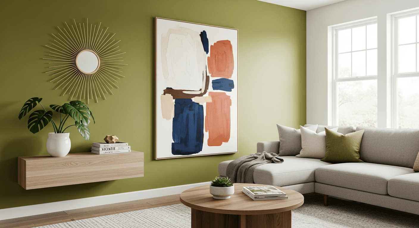 A modern living room with a curated gallery wall featuring art, a mirror, and a shelf for inspiration.