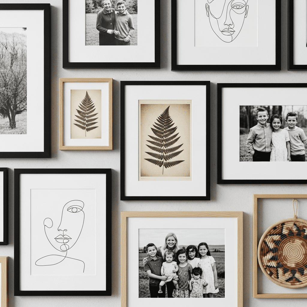 A close-up of an eclectic gallery wall with photos, art, and textiles arranged in a cohesive cluster.