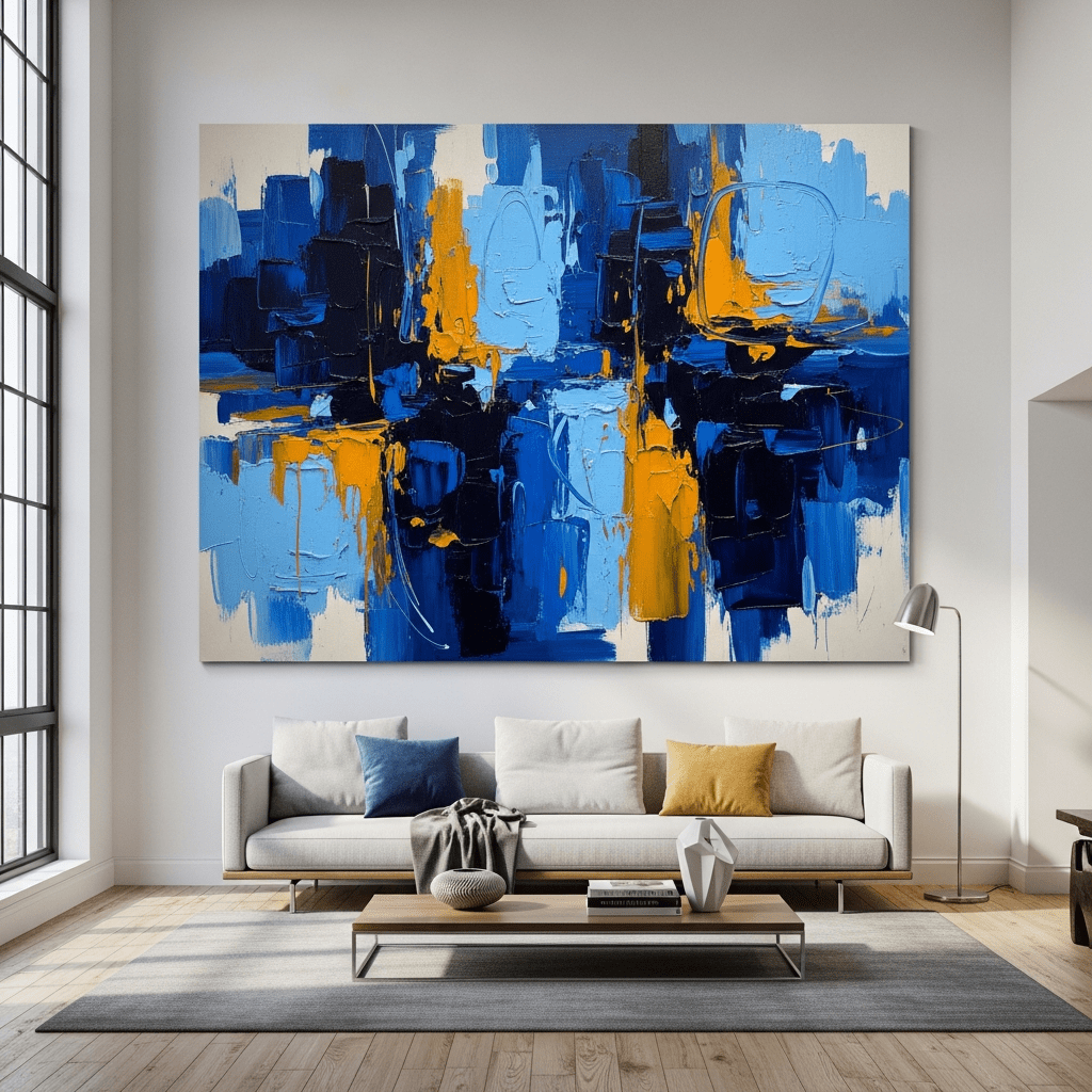 A large, colorful abstract painting acting as a dramatic focal point in a modern living room.