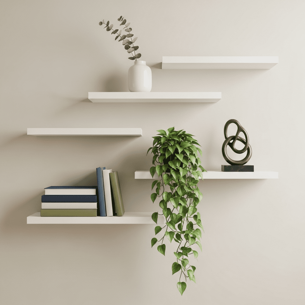 Asymmetrical floating shelves decorated with books, plants, and sculptural objects.