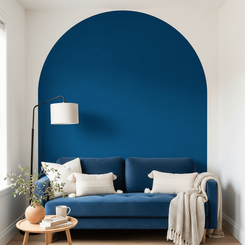 A living room with a painted deep blue arch accent wall creating a focal point behind a sofa.