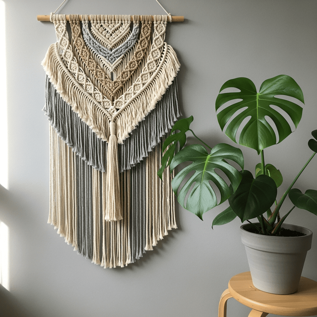 A detailed, neutral macramé wall hanging adding softness and boho texture to a living room wall.
