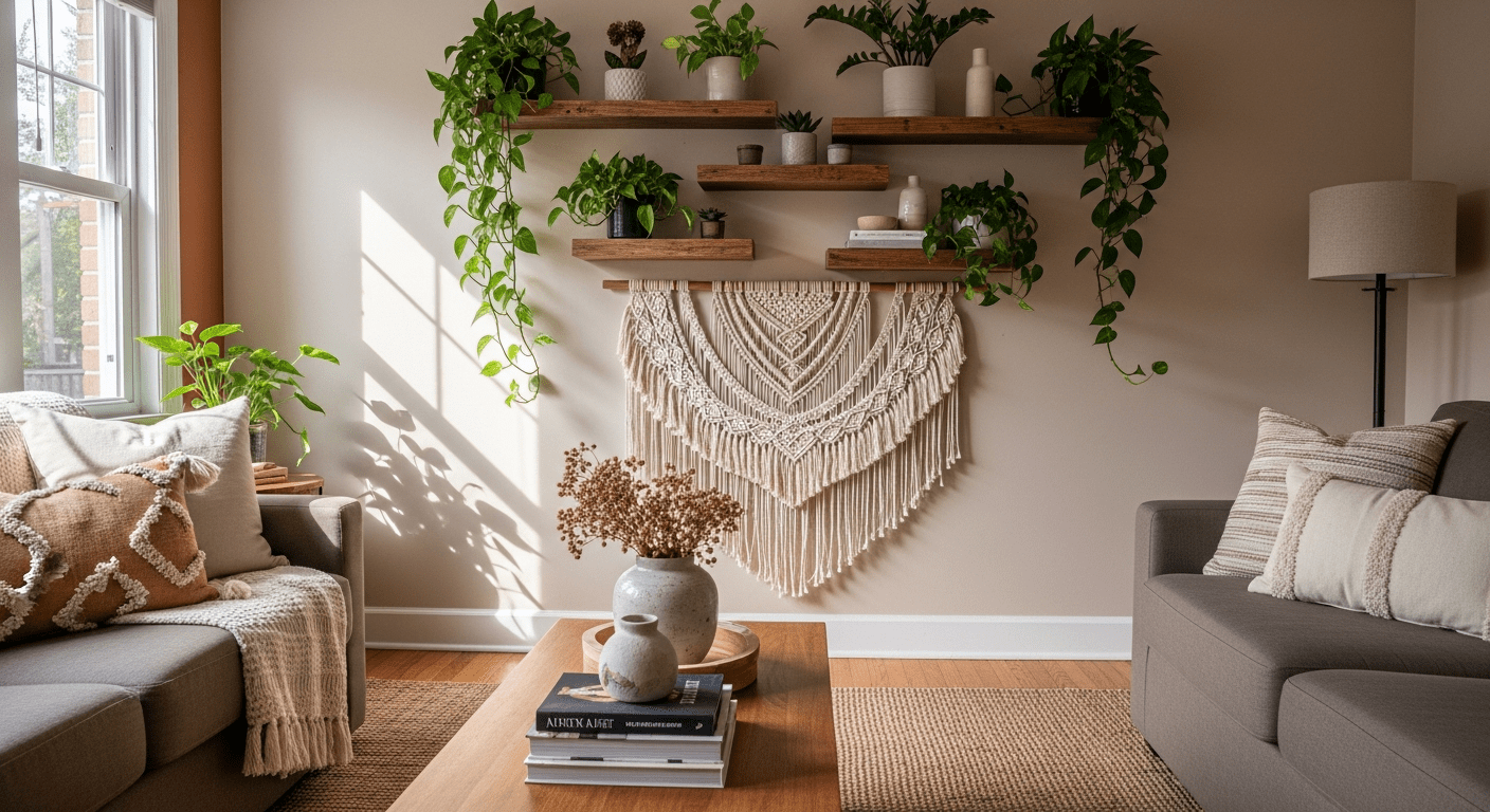 Cozy living room transformed with DIY projects including floating shelves, macrame wall art, and an accent wall