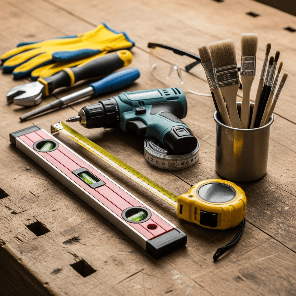 Essential DIY tools organized on a workbench for home decor projects